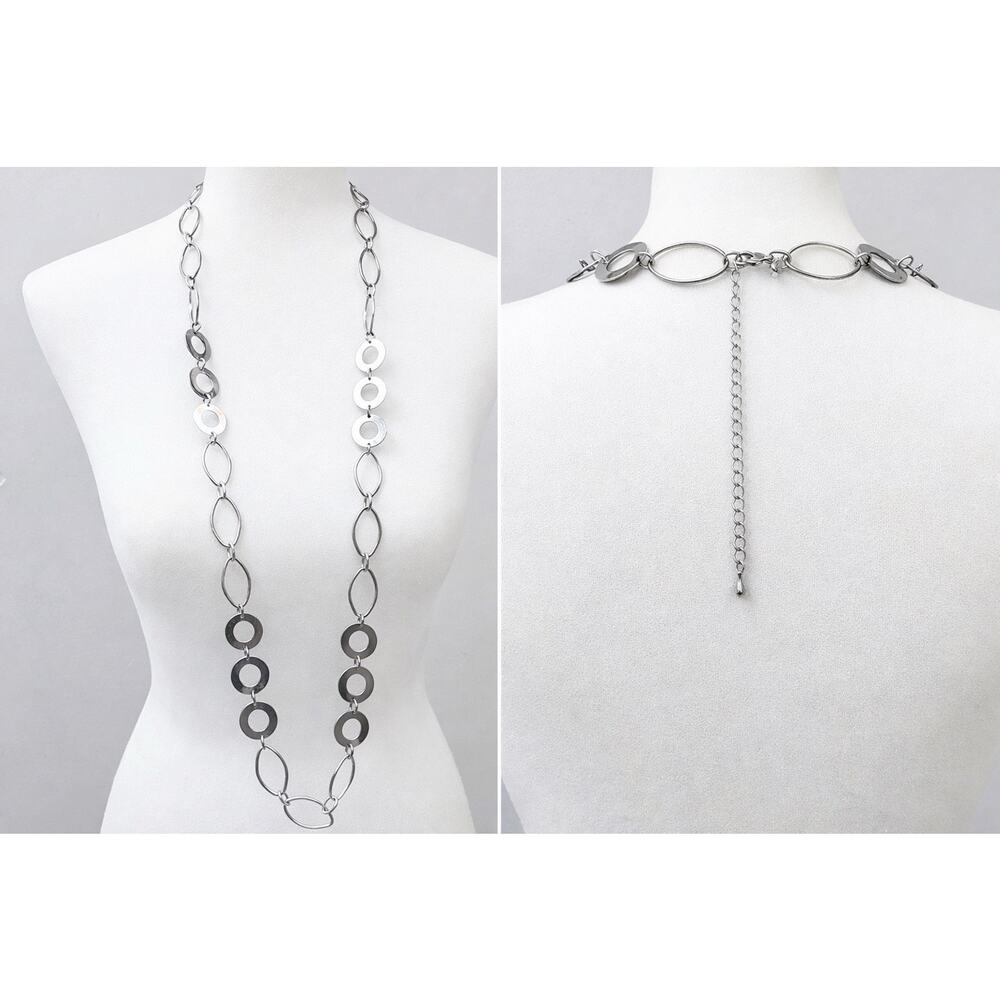 Signed Lia Sophia Long Geometric Link Silver Tone Necklace Minimalist Approx 30”